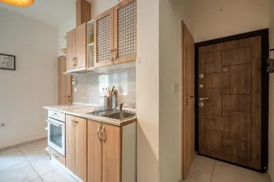 a kitchen with a sink and a wooden door at Central Sofia Gem by Vitoshka Street in Sofia
