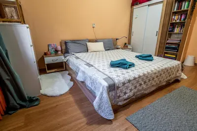 a bedroom with a bed and a book shelf at Charming Central Retreat! in Sofia
