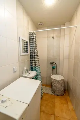 a small bathroom with a sink and a shower at Charming Central Retreat! in Sofia