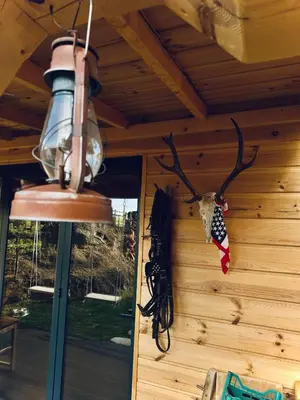a pair of reindeer antlers hanging on a wall at Villa INDIANA Devin in Devin