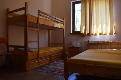 a bedroom with two bunk beds and a window at Диковата къща in Lesidren