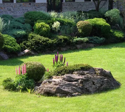 a rock in the middle of a garden at Апартамент ДАРА in Smolyan