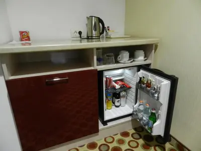 a miniature kitchen with a refrigerator and a counter at Central Hotel Sofia in Sofia