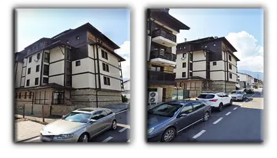 two pictures of cars parked in front of buildings at Studio Resonance Bansko in Bansko