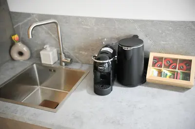 a kitchen counter with a coffee maker next to a sink at Villa Alveare in Banya