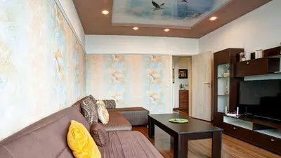 a living room with a couch and a tv at River Apartment in Sofia