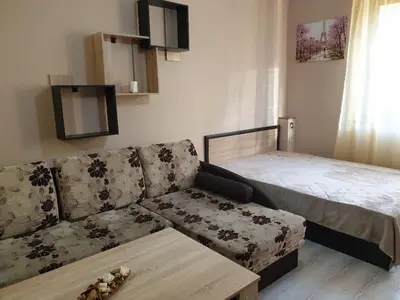 a living room with a couch and a bed at Уютнен апартамент Лагера in Sofia