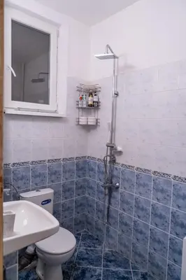 a bathroom with a shower with a toilet and a sink at Teo's Cozy Top Central Apartment in Sofia