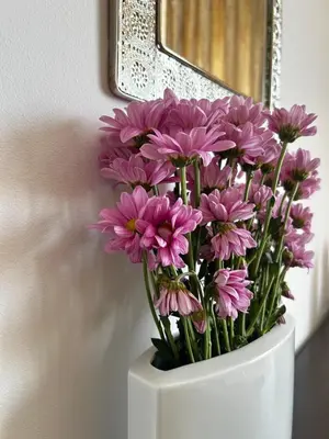 a white vase filled with pink flowers in front of a mirror at Rea Flora - Cozy Stay With Free Parking in Sofia