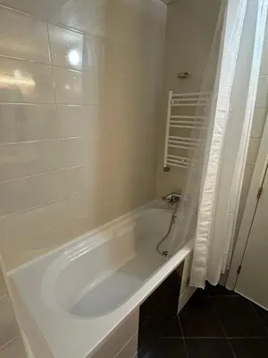a white bath tub in a bathroom with a shower at Apartment Garden - two large terraces with hanging chairs and sunset view in Sofia
