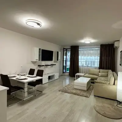 Apartment Garden - two large terraces with hanging chairs and sunset view