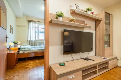 a living room with a flat screen tv on a wall at Spacious and Central Retreat in Sofia