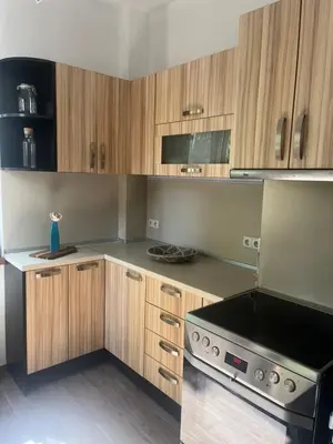 a kitchen with wooden cabinets and a stove top oven at Dunav 11 in Sofia