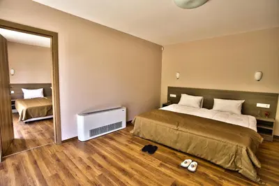 a bedroom with a large bed and a mirror at Villa Dream in Dobrevtsi