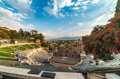 an amphitheater with a view of a city at 1BR Apartment with Panoramic View Balcony and Designated Parking Space in Plovdiv