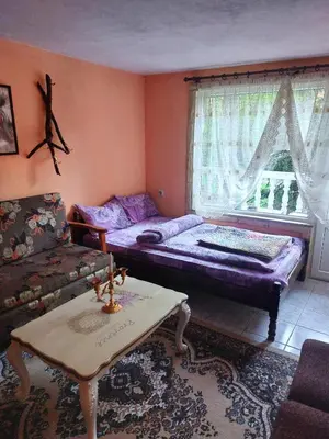 a living room with a couch and a table at Villa Byala Luna - Guest House in Bistriza