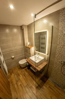 a bathroom with a toilet and a sink and a shower at Villa Veranda in Smolyan