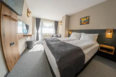 a hotel room with a large bed and a window at Villa Veranda in Smolyan