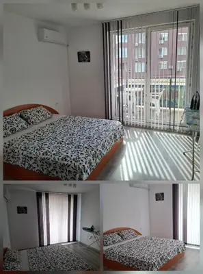 two pictures of a bedroom with two beds and a window at Apartment Active Sport in Pazardzhik