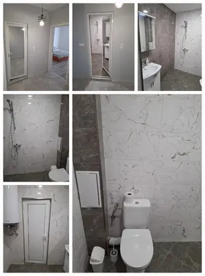 four pictures of a bathroom with a toilet and a sink at Apartment Active Sport in Pazardzhik