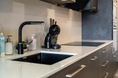 a kitchen with a sink and a black appliance at Sofia Downtown Apartment in Sofia
