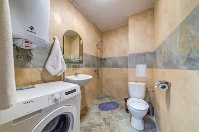 a bathroom with a washing machine and a toilet at Villa Kometa - 1BD Apt with Balcony & Forest View by Flat Manager in Pamporovo