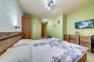 a bedroom with a large bed in a room at Two Cozy Mint Studios in Grand Resort Pamporovo by Flat Manager in Pamporovo