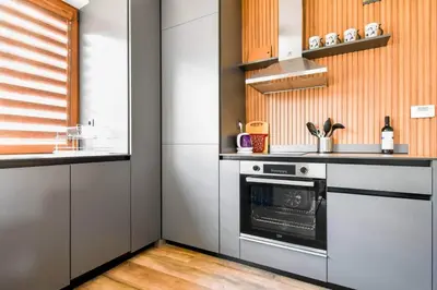 a kitchen with a stove and a microwave at 2 Apartments, 2 Parking - Sleeps 8 - Quiet Central in Sofia