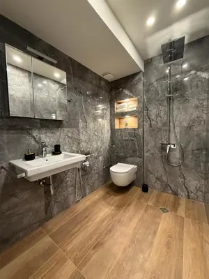 a bathroom with a sink and a shower and a toilet at Gorna Banya luxury apartments in Sofia