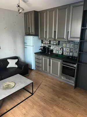a kitchen with a couch and a table in a room at Cozy apartment, by Paradise Mall in Sofia