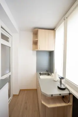 a small kitchen with a sink and a window at Spacious 1BDR in the Center with FREE Parking in Sofia