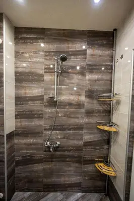 a bathroom with a shower with a wooden wall at Spacious 1BDR in the Center with FREE Parking in Sofia
