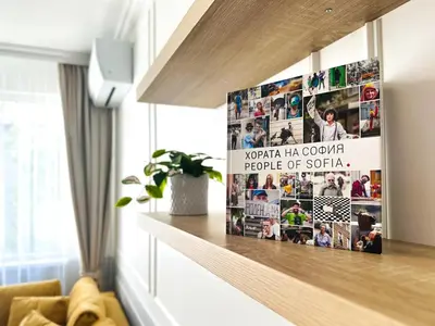 a shelf in a living room with a poster on it at Stylish 2BD with Balcony & Desk near Vitosha Blvd by Flat Mаnager in Sofia