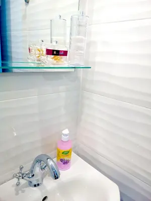 a bathroom sink with a glass shelf above it at Jazzy Art Home - Top Center - plus Free Vouchers in Sofia