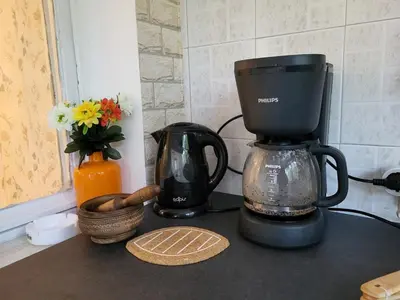 a coffee maker on a counter next to a vase with flowers at Apartament KETI улица Христо Максимов 56 вхВ in Sofia
