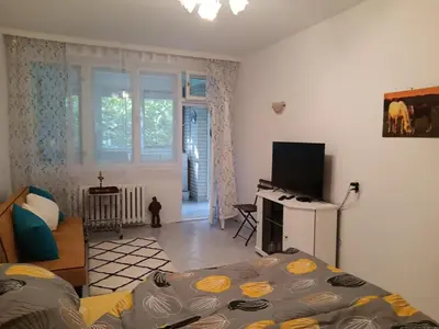 a living room with a bed and a television at Apartament KETI улица Христо Максимов 56 вхВ in Sofia