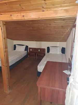 two beds in a room with wooden ceilings at Стария Чинар in Melnik