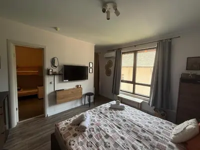 a bedroom with a bed and a flat screen tv at Luxury Studio2 in Hotel Friends in Bansko