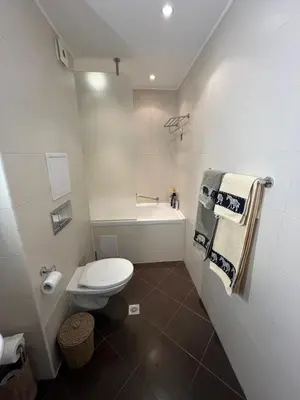 a white bathroom with a toilet and a bath tub at Chamkoria Forest View & Spa Apartment in Borovets