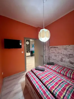a bedroom with a bed and a flat screen tv at Flower house 1 in Sofia