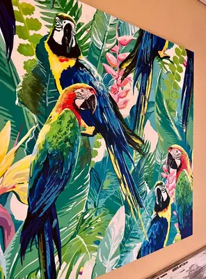 a painting of three macaws in the jungle at Flower house 1 in Sofia