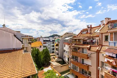 an overhead view of a city with buildings at Modern 2BD - 14 min to Medical University by Flat Manager in Plovdiv