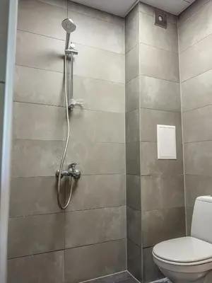 a bathroom with a shower with a toilet at 1BR Apartment with a Designated Workspace, Free Street Parking and Free Gym Pass in Plovdiv