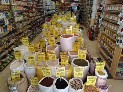 a store filled with lots of different types of spices at Good Mood Apartments & Parking in Plovdiv