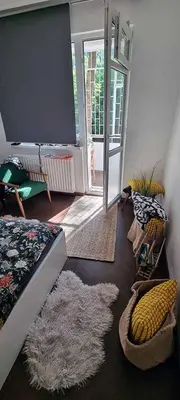 a living room with a couch and a rug at Appartement vintage près de l'Académie de Medecine in Sofia