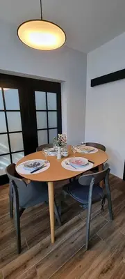 a dining room table with chairs and a light fixture at Appartement vintage près de l'Académie de Medecine in Sofia
