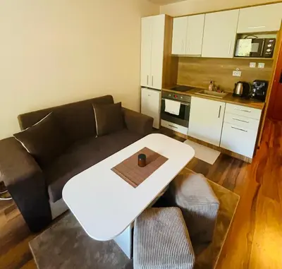 a living room with a couch and a table at Studio Harmony, Pamporovo in Pamporovo