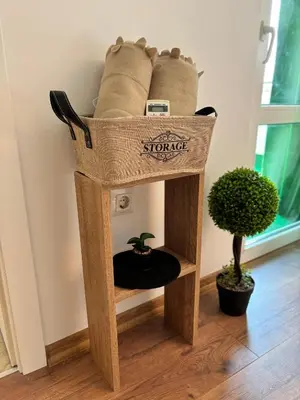 a cat bed in a room with a plant at Studio with TERRACE - city center in Plovdiv