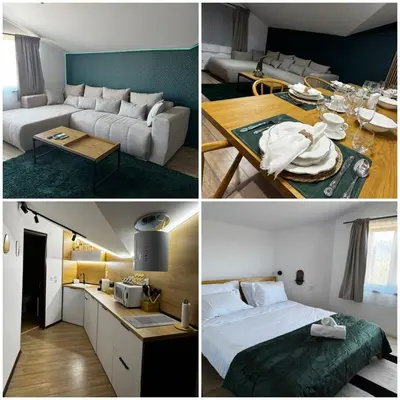 a collage of four pictures of a hotel room at Уютни планински апартаменти с басейн в комплекс Алпин Лодж in Bansko