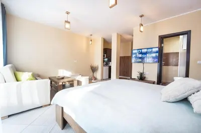 a bedroom with a large white bed and a couch at Green Life Cozy Studio Bansko in Bansko